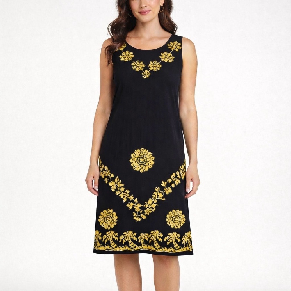 Rima Black Tropical Batik Printed and Embroidered Shift Dress Size Large - Picture 1 of 10